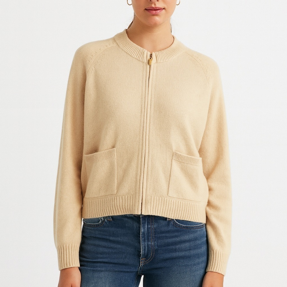 St. John soft Yellow Cashmere Blend Full Zip Up Sweater Size Small EUC